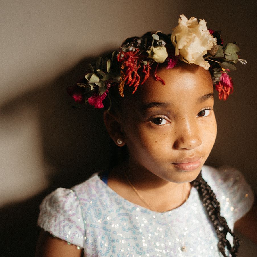 close up of bride's maids bouquet of baby's breath